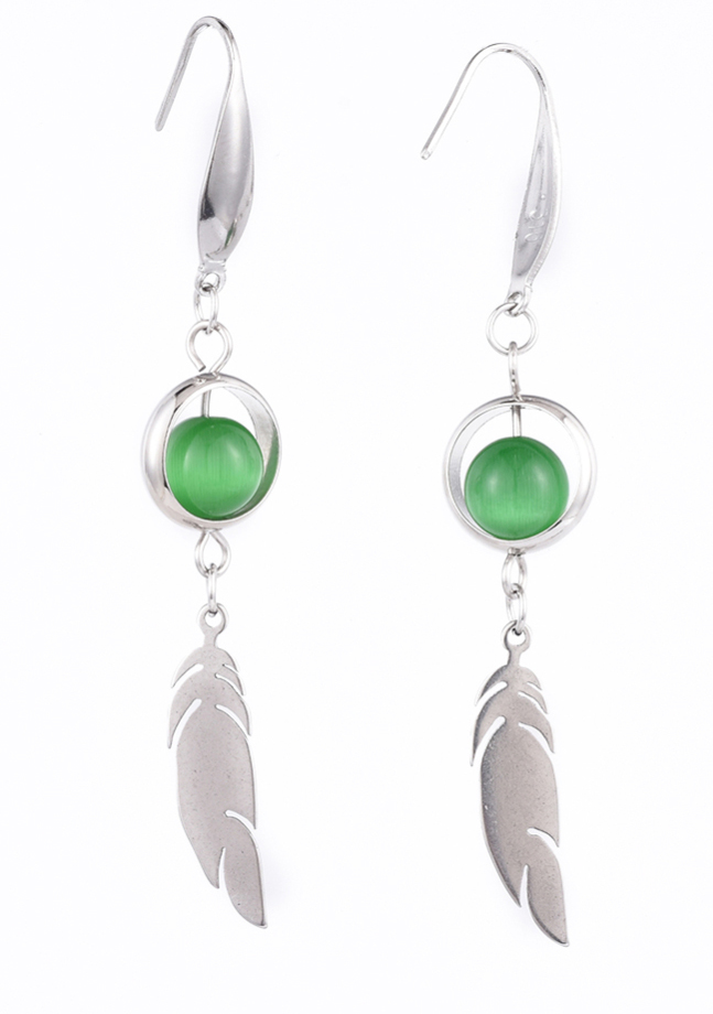 Green Cats Eye Dangle Earrings